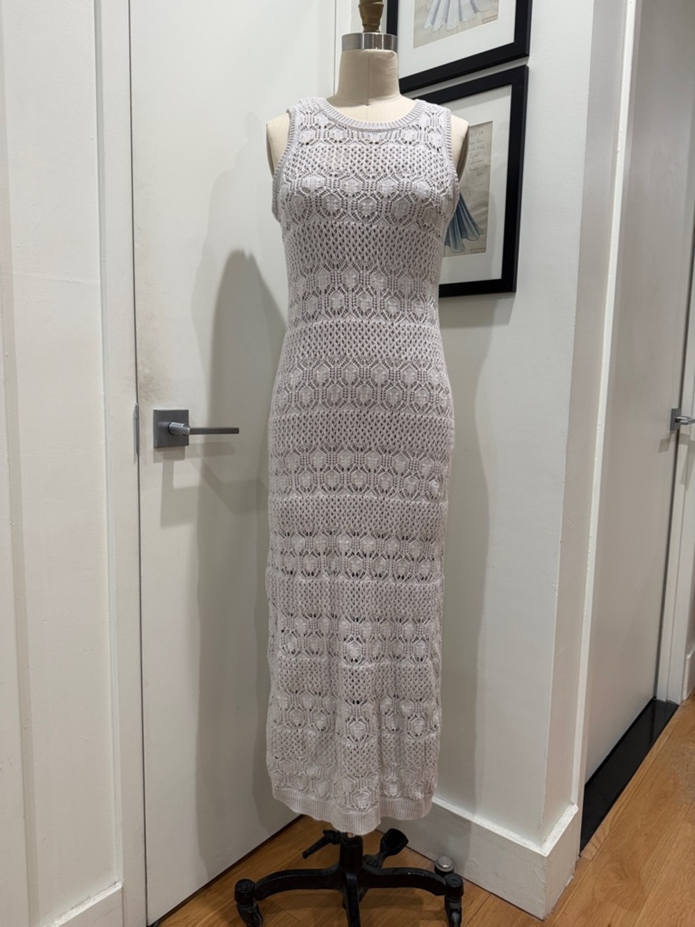 Splendid Sleeveless Crochet Maxi Dress in Light Gray